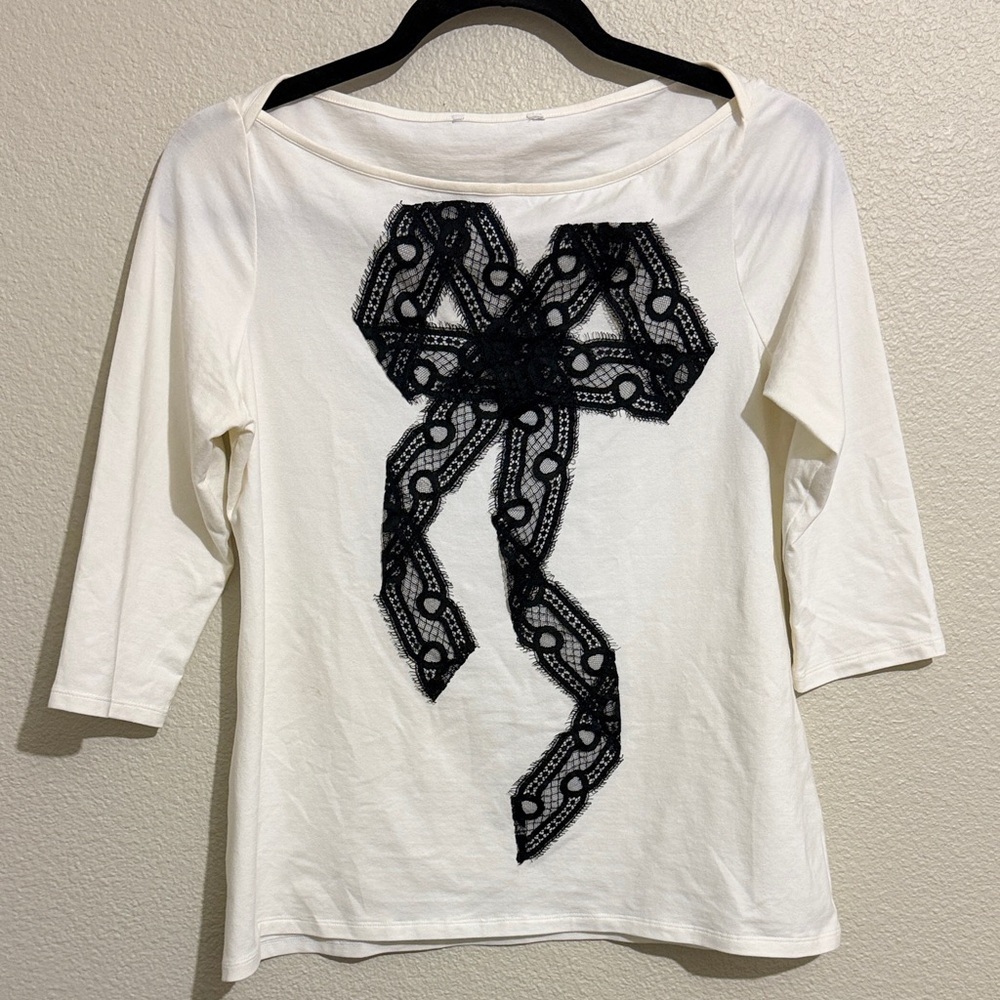 Anne Fontaine Black Lace Bow 3/4 Sleeves Elegant White Top Pima Cotton